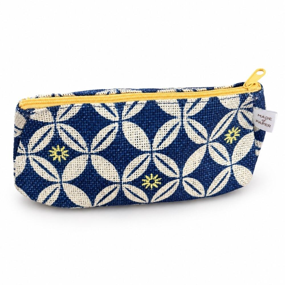 Made of Paper Woven Zip Pouch Blue White Geometric Floral Coin Purse Cosmetic